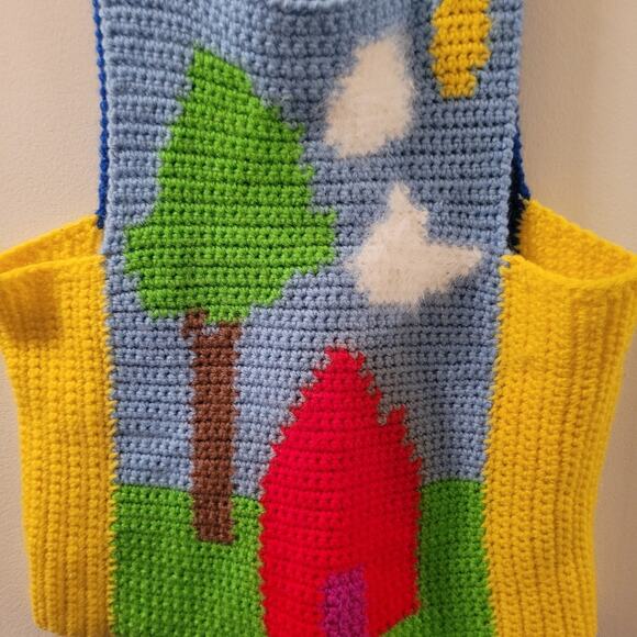 Vtg Hand Knit Tank Top Sky Day & Night Scene Front & Back Summer Hippie Smurfs - Picture 4 of 7